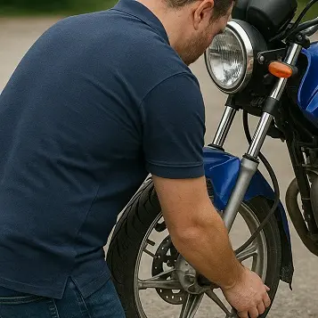 Hombre revisando rueda pinchada de moto